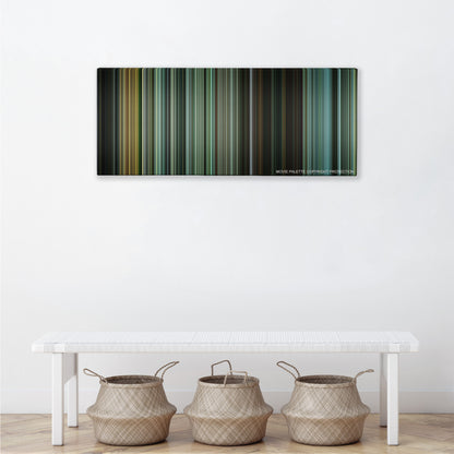 The Bourne Supremacy color palette canvas above a white bench with three woven baskets