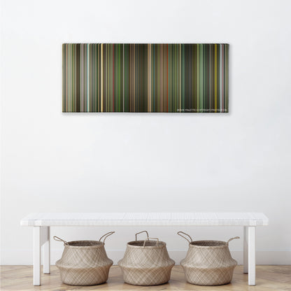 Dredd color palette canvas above a white bench with three woven baskets