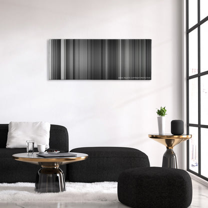 Dr. Strangelove color palette canvas above a black sofa with a gold-topped table