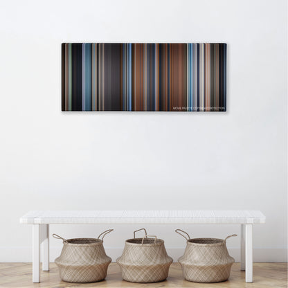 A Ghost Story color palette canvas above a white bench with three woven baskets