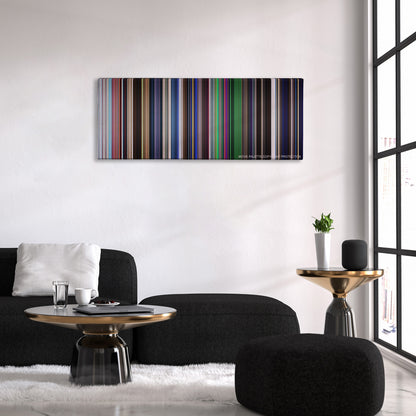 La La Land color palette canvas above a black sofa with a gold-topped table
