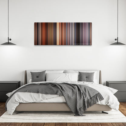 Time Bandits color palette canvas above a bed, between two black pendant lamps