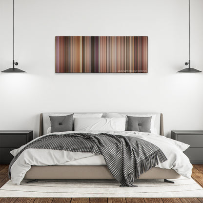 Sister Act color palette canvas above a bed, between two black pendant lamps