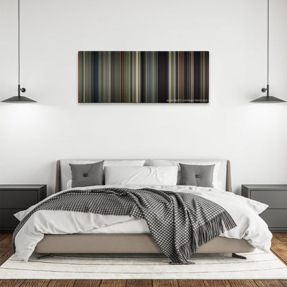 The Hundred-Foot Journey color palette canvas above a bed, between two black pendant lamps
