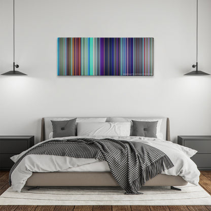 Shark Tale color palette canvas above a bed, between two black pendant lamps