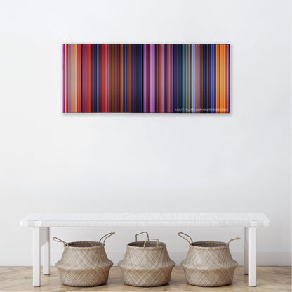 Coco color palette canvas above a white bench with three woven baskets