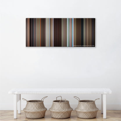 Forgetting Sarah Marshall color palette canvas above a white bench with three woven baskets