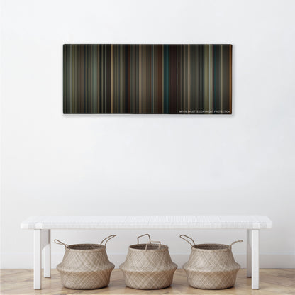 The Imitation Game color palette canvas above a white bench with three woven baskets