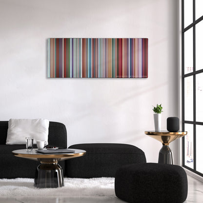Despicable Me color palette canvas above a black sofa with a gold-topped table