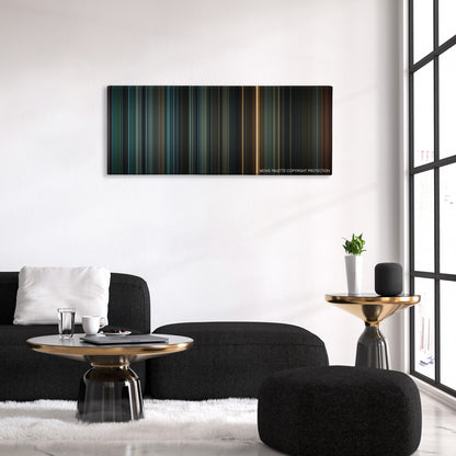 Dawn of the Planet of the Apes color palette canvas above a black sofa with a gold-topped table