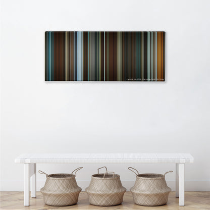 Predestination color palette canvas above a white bench with three woven baskets