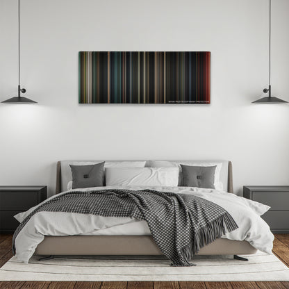 Evil Dead color palette canvas above a bed, between two black pendant lamps