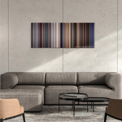 Highlander color palette canvas on a concrete wall above a gray sectional sofa