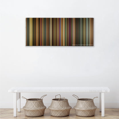 Across the Universe color palette canvas above a white bench with three woven baskets