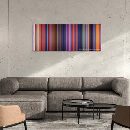 Coco color palette canvas on a concrete wall above a gray sectional sofa