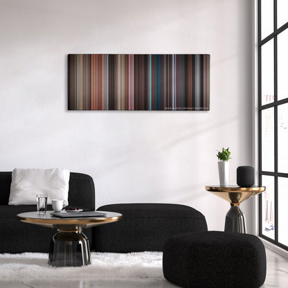 No Strings Attached color palette canvas above a black sofa with a gold-topped table