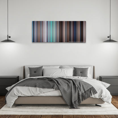 Mary Poppins color palette canvas above a bed, between two black pendant lamps