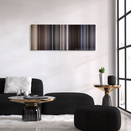 Murder on the Orient Express color palette canvas above a black sofa with a gold-topped table