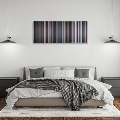 Cinema Paradiso color palette canvas above a bed, between two black pendant lamps