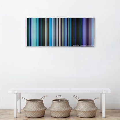 Finding Dory color palette canvas above a white bench with three woven baskets