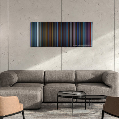 Pacific Rim color palette canvas on a concrete wall above a gray sectional sofa