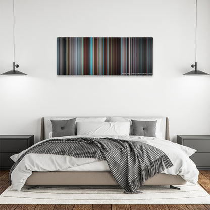The Guardian color palette canvas above a bed, between two black pendant lamps