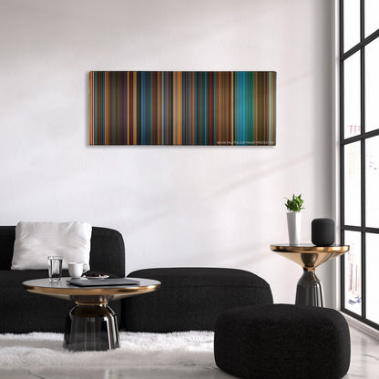 Kiss Kiss Bang Bang color palette canvas above a black sofa with a gold-topped table