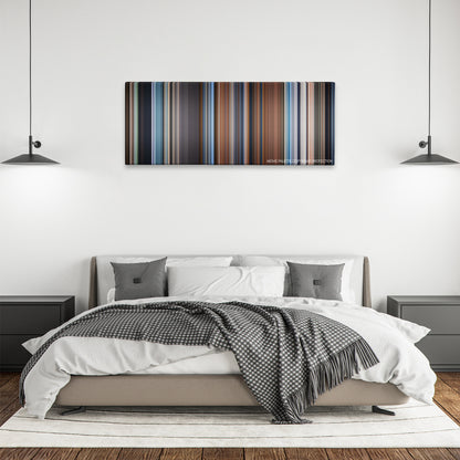 A Ghost Story color palette canvas above a bed, between two black pendant lamps