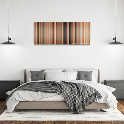 Hot Rod color palette canvas above a bed, between two black pendant lamps