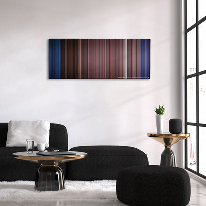 The Passion of the Christ color palette canvas above a black sofa with a gold-topped table