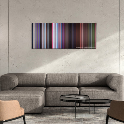 Zoolander color palette canvas on a concrete wall above a gray sectional sofa
