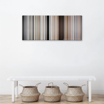 The Road Warrior color palette canvas above a white bench with three woven baskets