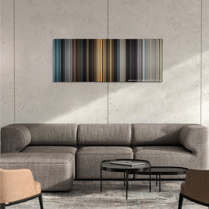 Avengers: Age of Ultron color palette canvas on a concrete wall above a gray sectional sofa