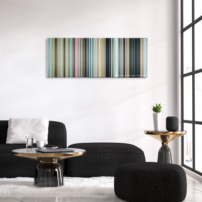 Friends with Benefits color palette canvas above a black sofa with a gold-topped table