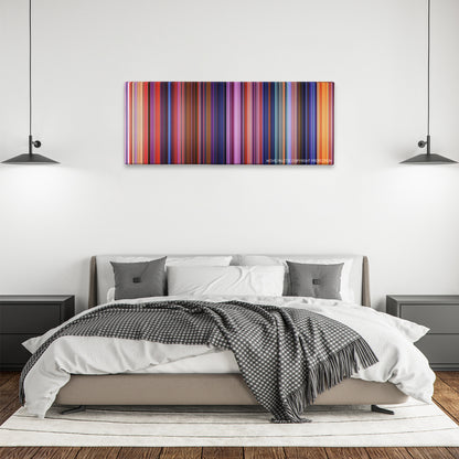 Coco color palette canvas above a bed, between two black pendant lamps