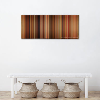 Vicky Cristina Barcelona color palette canvas above a white bench with three woven baskets