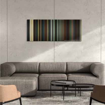 28 Days Later... color palette canvas on a concrete wall above a gray sectional sofa