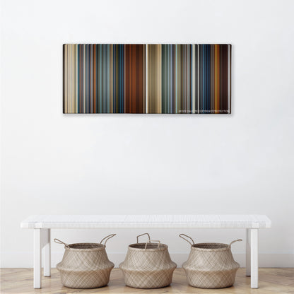 Skyfall color palette canvas above a white bench with three woven baskets