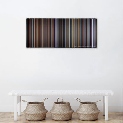Pink Floyd: The Wall color palette canvas above a white bench with three woven baskets