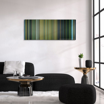 Black Hawk Down color palette canvas above a black sofa with a gold-topped table