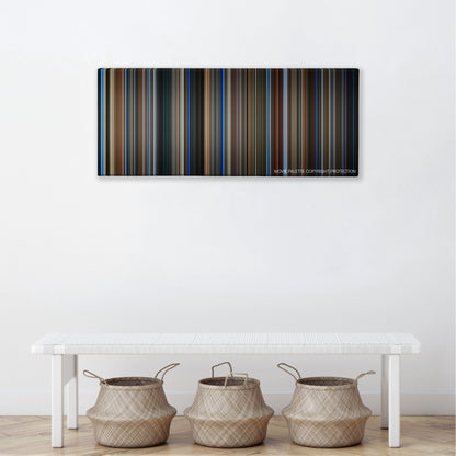 Three Colors: Blue color palette canvas above a white bench with three woven baskets