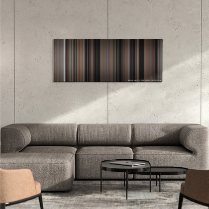 The Blair Witch Project color palette canvas on a concrete wall above a gray sectional sofa