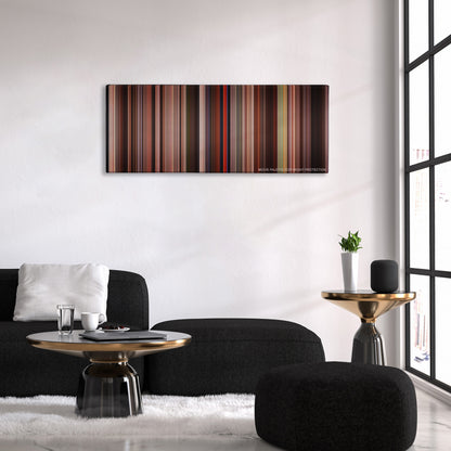 Spartacus color palette canvas above a black sofa with a gold-topped table