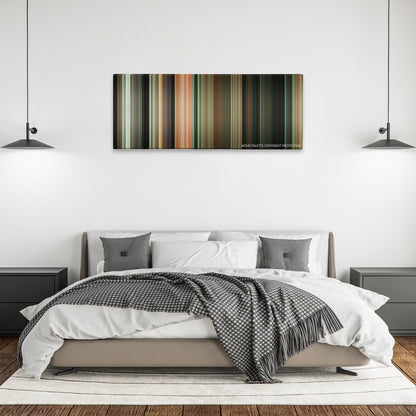Away We Go color palette canvas above a bed, between two black pendant lamps