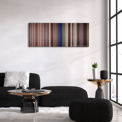 Starship Troopers color palette canvas above a black sofa with a gold-topped table