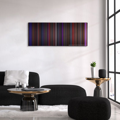 Chicago color palette canvas above a black sofa with a gold-topped table