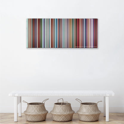 Despicable Me color palette canvas above a white bench with three woven baskets