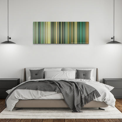 Rush color palette canvas above a bed, between two black pendant lamps