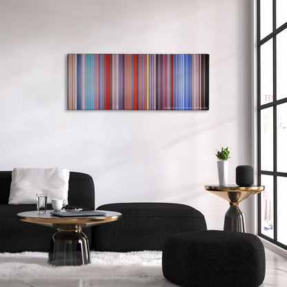 Austin Powers: The Spy Who Shagged Me color palette canvas above a black sofa with a gold-topped table