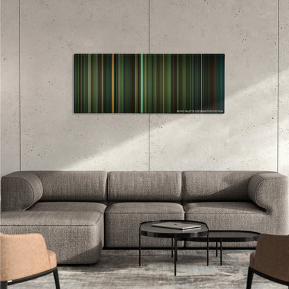 The Shape of Water color palette canvas on a concrete wall above a gray sectional sofa